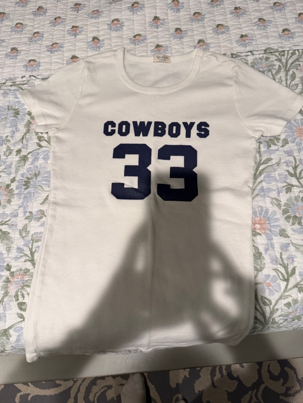 Brandy Melville White Tee with Navy Cowboys 33 Graphic